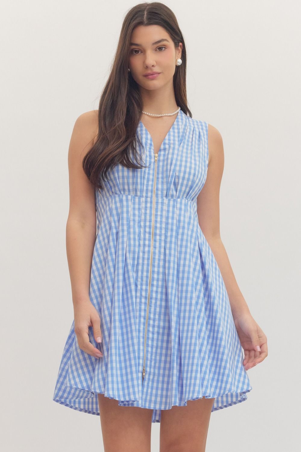 Gingham Zip Front Mini Dress - Lush Lemon - Women's Clothing - Entro - 45754831041053