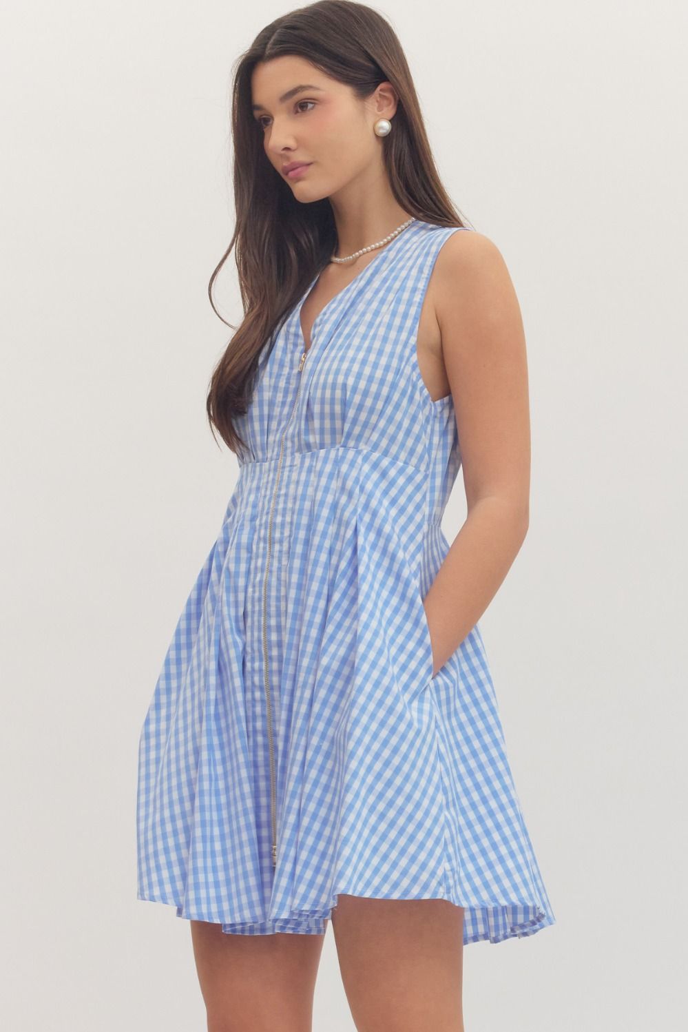 Gingham Zip Front Mini Dress - Lush Lemon - Women's Clothing - Entro - 45754831041053