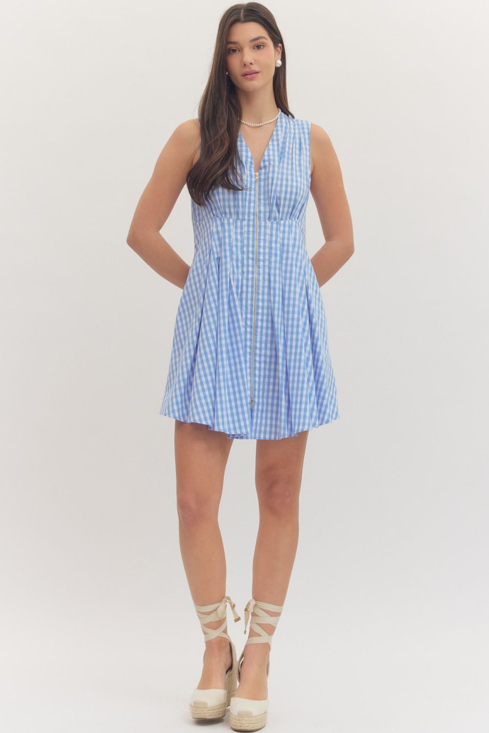 Gingham Zip Front Mini Dress - Lush Lemon - Women's Clothing - Entro - 45754831041053