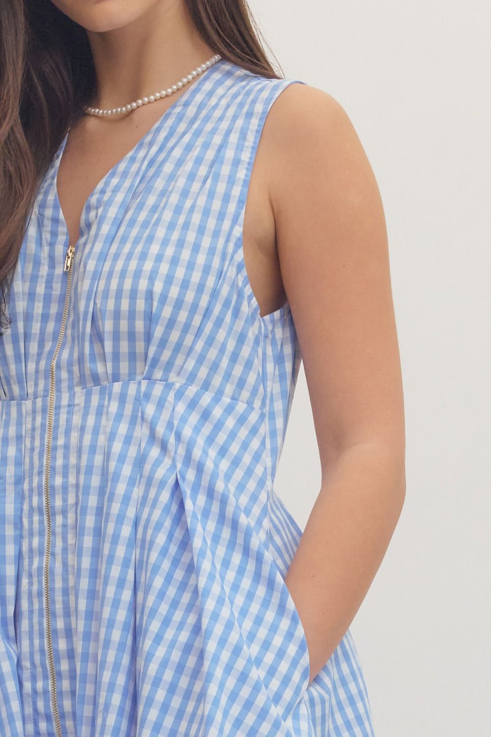 Gingham Zip Front Mini Dress - Lush Lemon - Women's Clothing - Entro - 45754831041053
