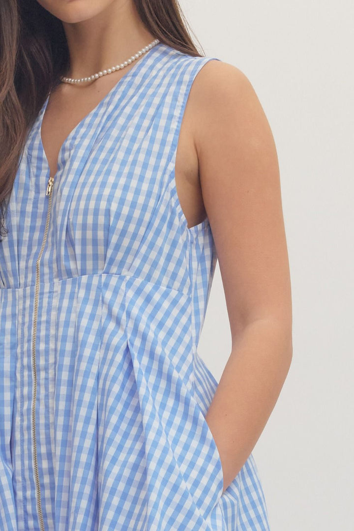 Gingham Zip Front Mini Dress - Lush Lemon - Women's Clothing - Entro - 45754831041053
