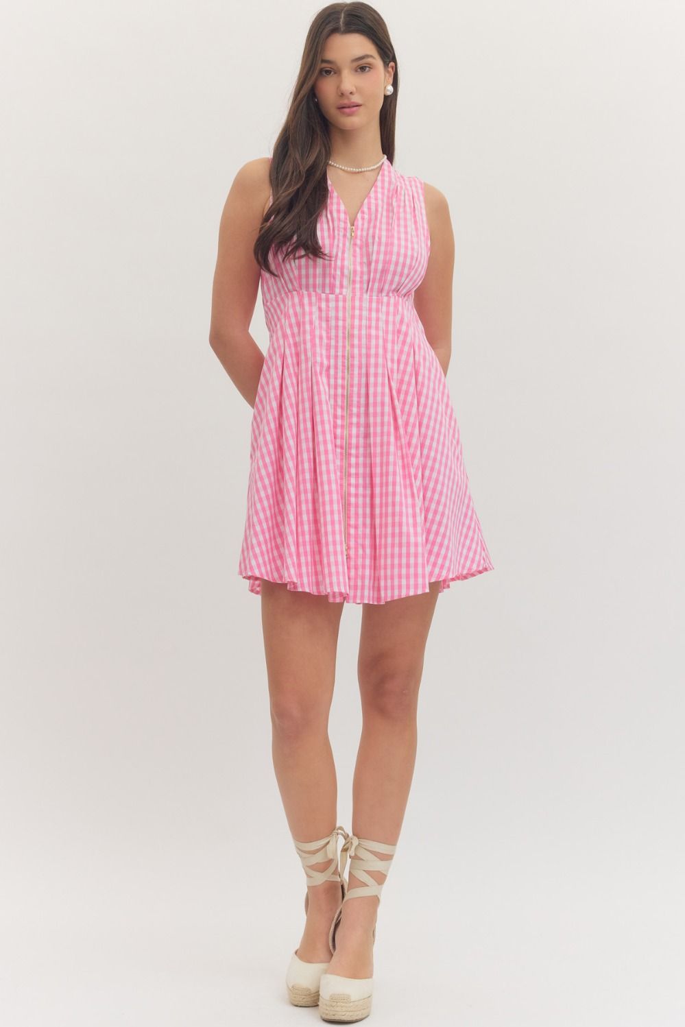 Gingham Zip Front Mini Dress - Lush Lemon - Women's Clothing - Entro - 45754831339357