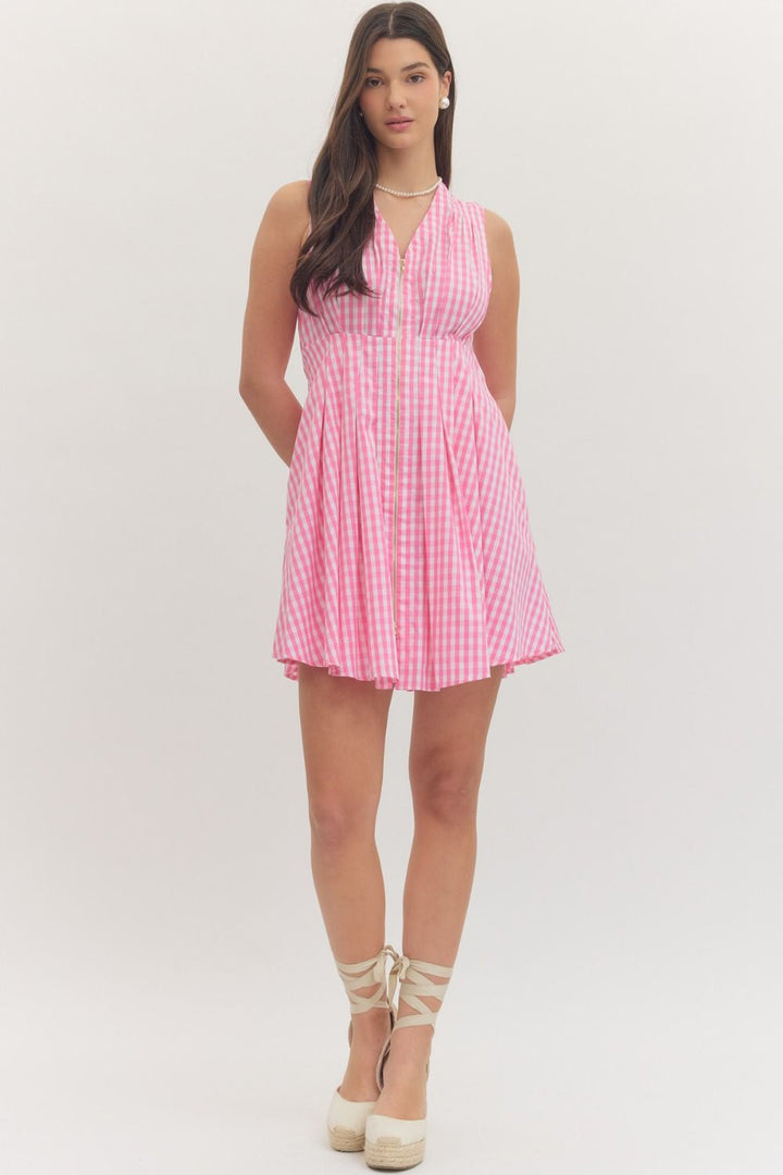 Gingham Zip Front Mini Dress - Lush Lemon - Women's Clothing - Entro - 45754831339357