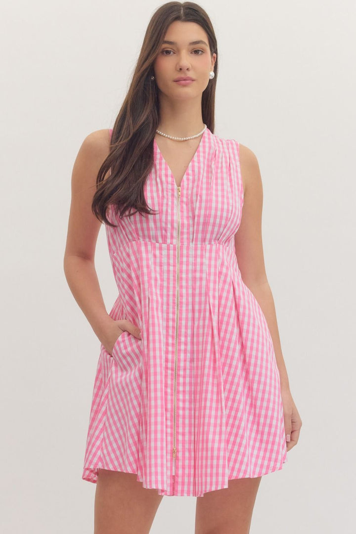 Gingham Zip Front Mini Dress - Lush Lemon - Women's Clothing - Entro - 45754831339357