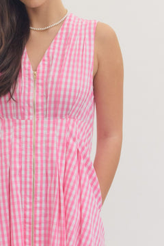 Gingham Zip Front Mini Dress - Lush Lemon - Women&
