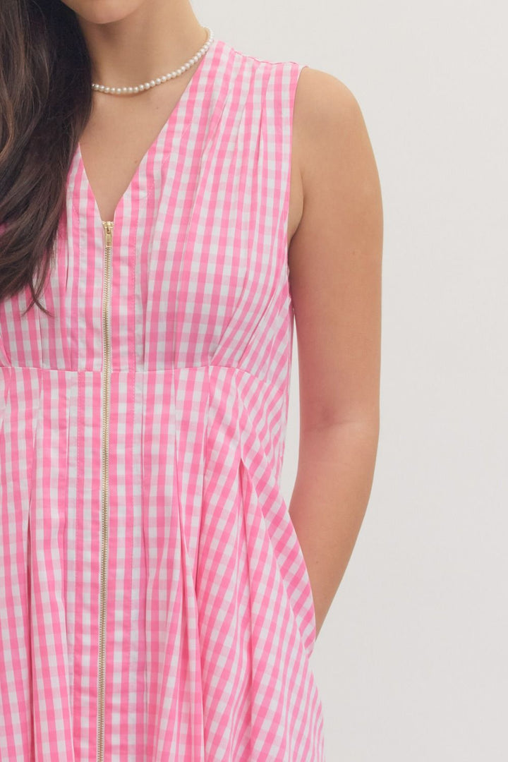 Gingham Zip Front Mini Dress - Lush Lemon - Women's Clothing - Entro - 45754831339357