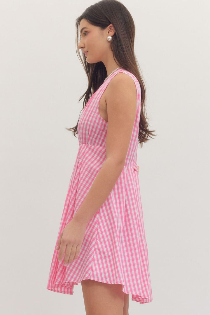 Gingham Zip Front Mini Dress - Lush Lemon - Women's Clothing - Entro - 45754831339357