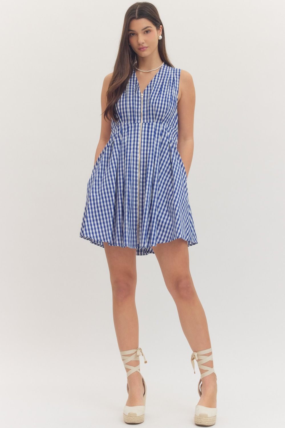 Gingham Zip Front Mini Dress - Lush Lemon - Women's Clothing - Entro - 68332201339069