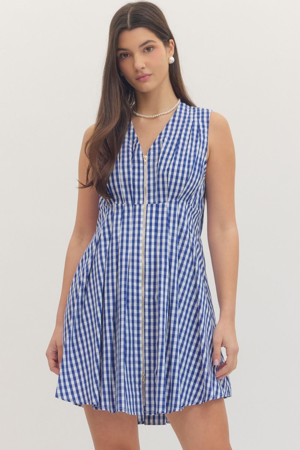 Gingham Zip Front Mini Dress - Lush Lemon - Women's Clothing - Entro - 68332201339069