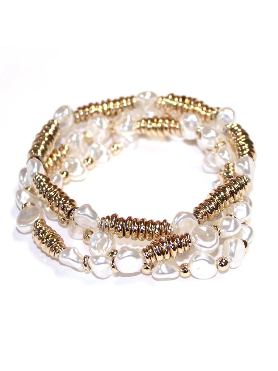 Gold Beaded & Freshwater Pearl Stretch Bracelet Set - Lush Lemon - Women's Accessories - Whats Hot Jewelry - 73602281064061