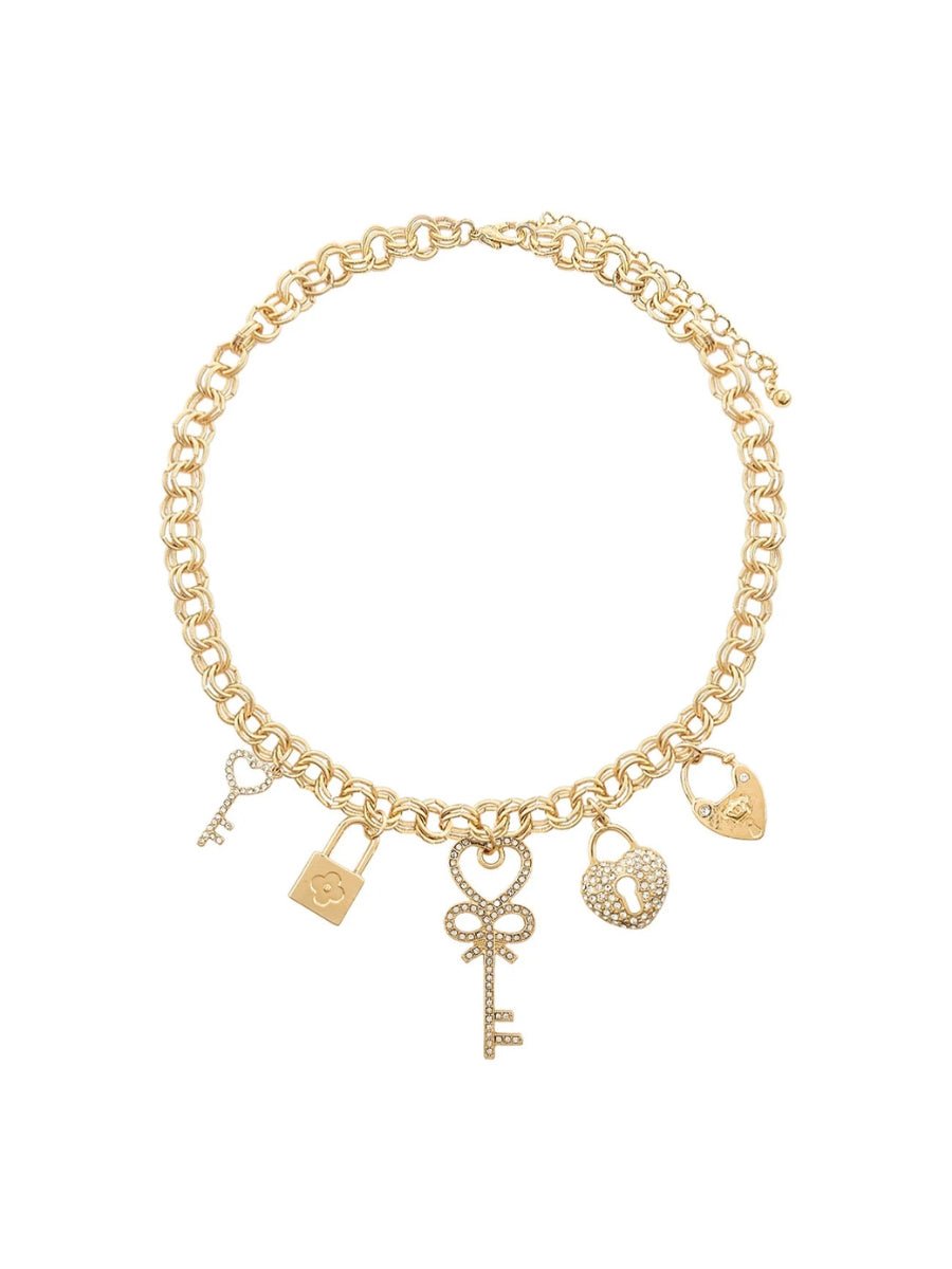 Gold Chain Necklace W/ Heart & Keylock Charms - Lush Lemon - Women's Accessories - Whats Hot Jewelry - 9443019105