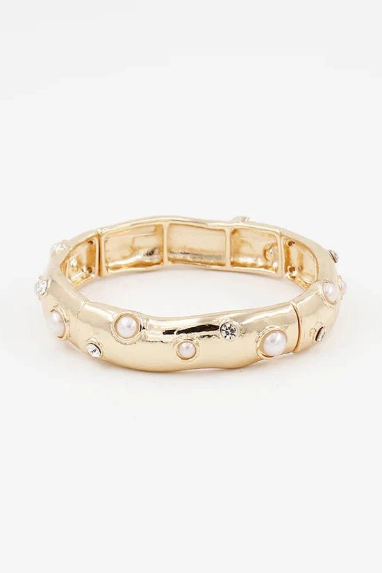 Gold Stretch Bracelet W/Rhinestone & Pearl Accents - Lush Lemon - Women's Accessories - Whats Hot Jewelry - 63081131027869