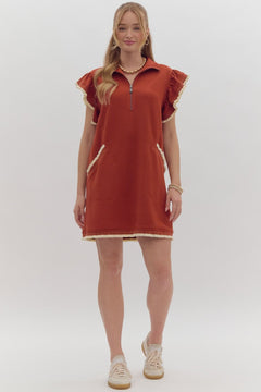 Half Zip Collared Ruffle Sleeve Dress - Lush Lemon - Women&