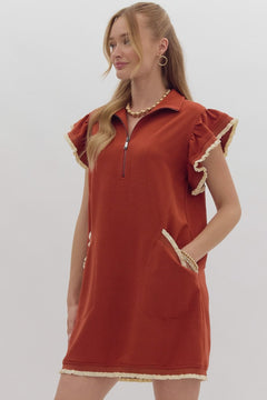 Half Zip Collared Ruffle Sleeve Dress - Lush Lemon - Women&