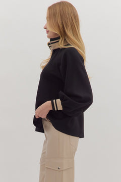 Half Zip Knit Top W/Striped Rib Trim - Lush Lemon - Women&