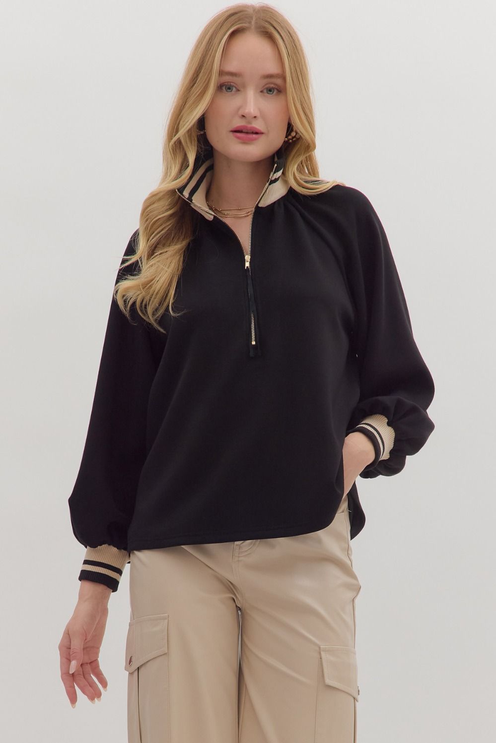 Half Zip Knit Top W/Striped Rib Trim - Lush Lemon - Women's Clothing - Entro - 95163951000573
