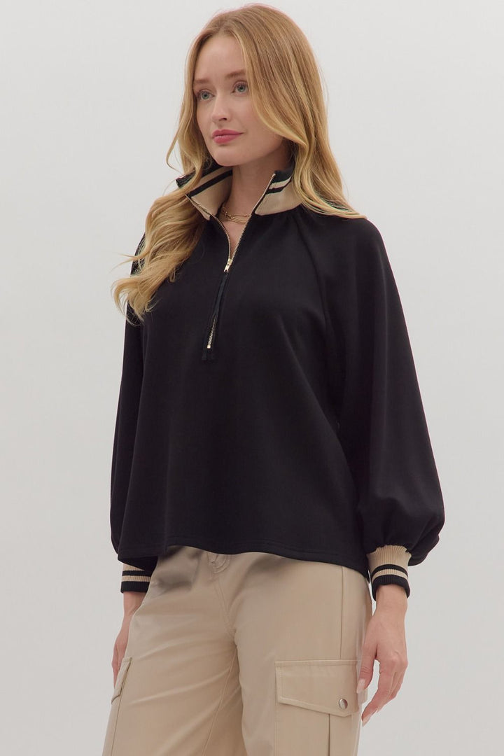 Half Zip Knit Top W/Striped Rib Trim - Lush Lemon - Women's Clothing - Entro - 95163951000573