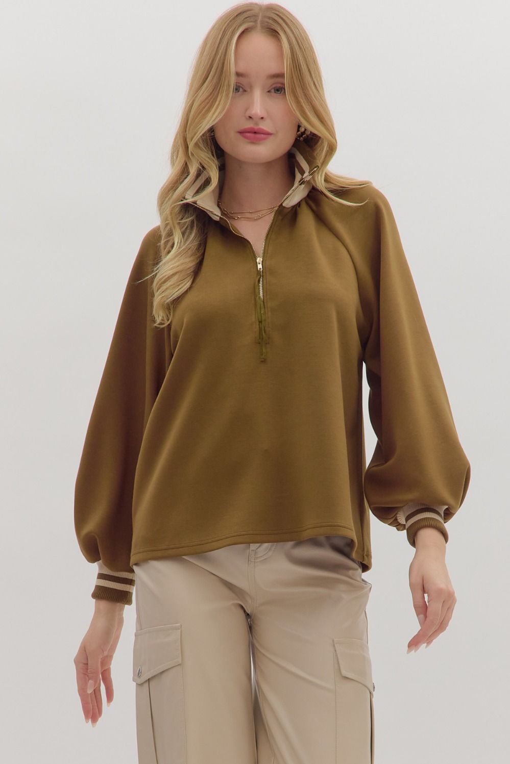 Half Zip Knit Top W/Striped Rib Trim - Lush Lemon - Women's Clothing - Entro - 95163951398877