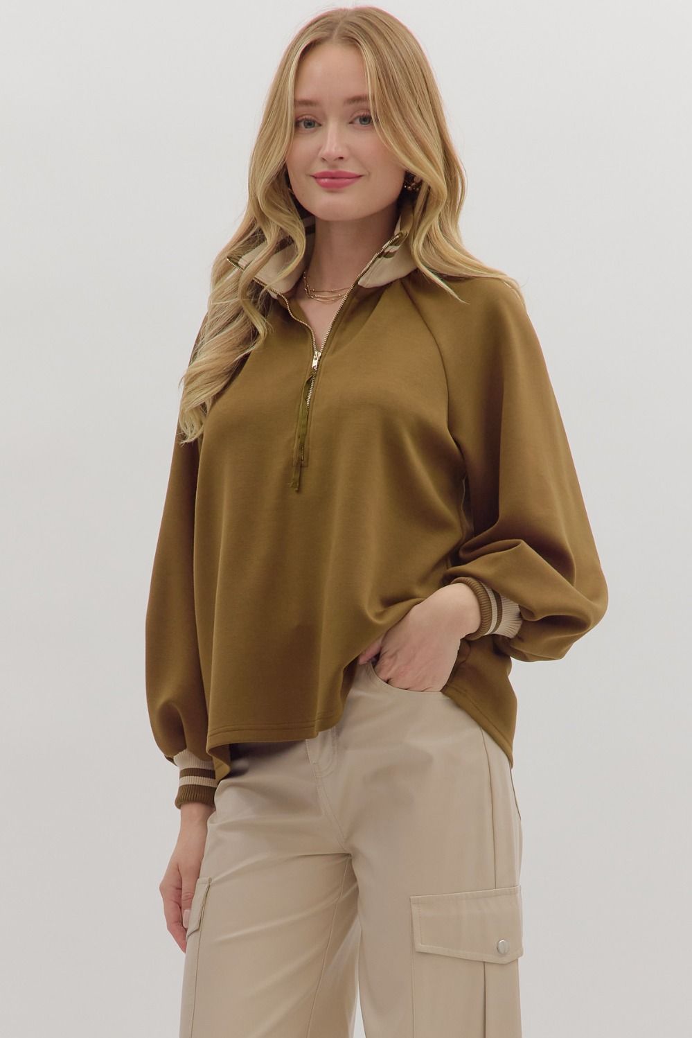 Half Zip Knit Top W/Striped Rib Trim - Lush Lemon - Women's Clothing - Entro - 95163951398877