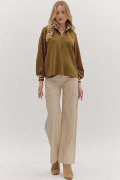 Half Zip Knit Top W/Striped Rib Trim - Lush Lemon - Women&