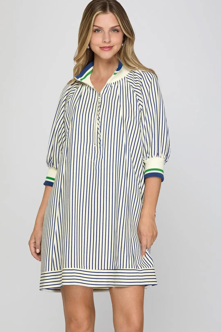 Half Zip Striped Mini Dress - Lush Lemon - Women's Clothing - She + Sky - 21798431036541