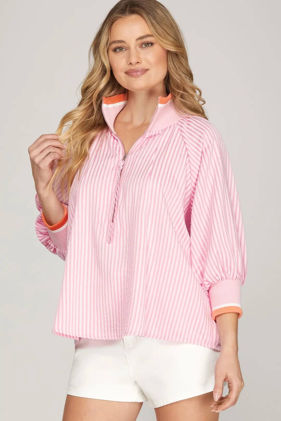 Half Zip Striped Pullover Top - Lush Lemon - Women's Clothing - She + Sky - 35905651043549