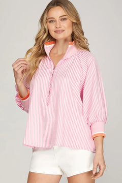 Half Zip Striped Pullover Top - Lush Lemon - Women&