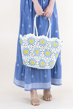 Hand Knitted Crochet Daisy Garden Tote Bag - Lush Lemon - Women&