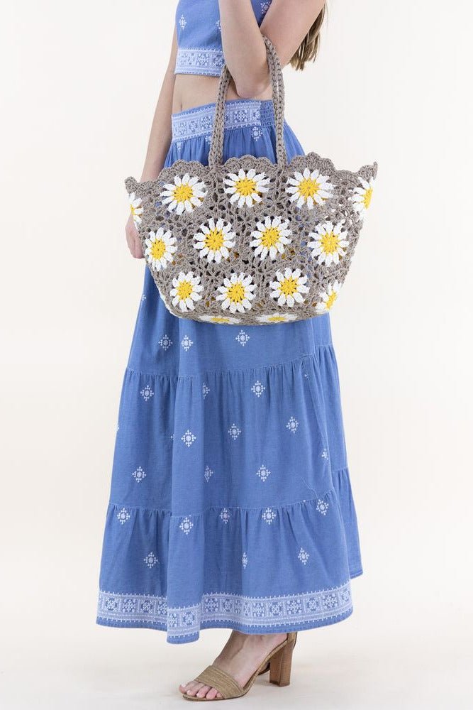 Hand Knitted Crochet Daisy Tote Bag - Lush Lemon - Women's Accessories - Original - 81944891077341