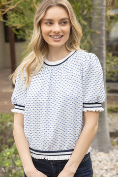 Heart Knit Puff Sleeve Top W/Stripe Trim - Lush Lemon - Women&