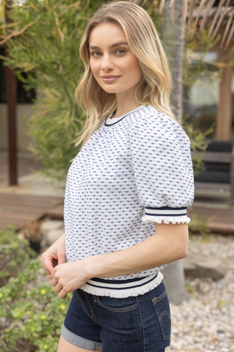 Heart Knit Puff Sleeve Top W/Stripe Trim - Lush Lemon - Women's Clothing - Voy - 74377161093021