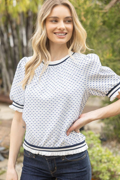 Heart Knit Puff Sleeve Top W/Stripe Trim - Lush Lemon - Women&