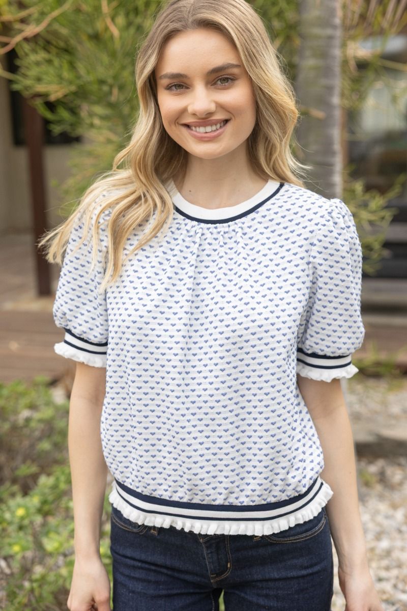 Heart Knit Puff Sleeve Top W/Stripe Trim - Lush Lemon - Women's Clothing - Voy - 74377161093021