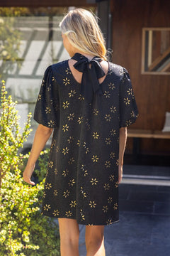 High Neck Metallic Floral Tie Back Dress - Lush Lemon - Women&
