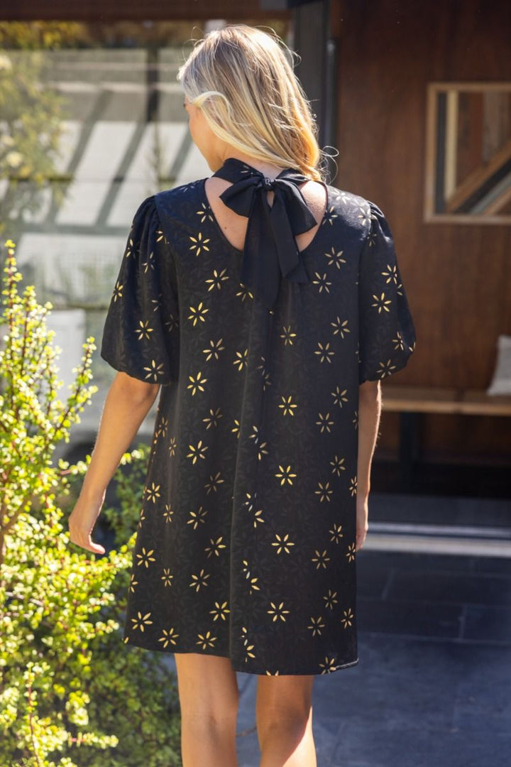 High Neck Metallic Floral Tie Back Dress - Lush Lemon - Women's Clothing - Voy - 66502621057149