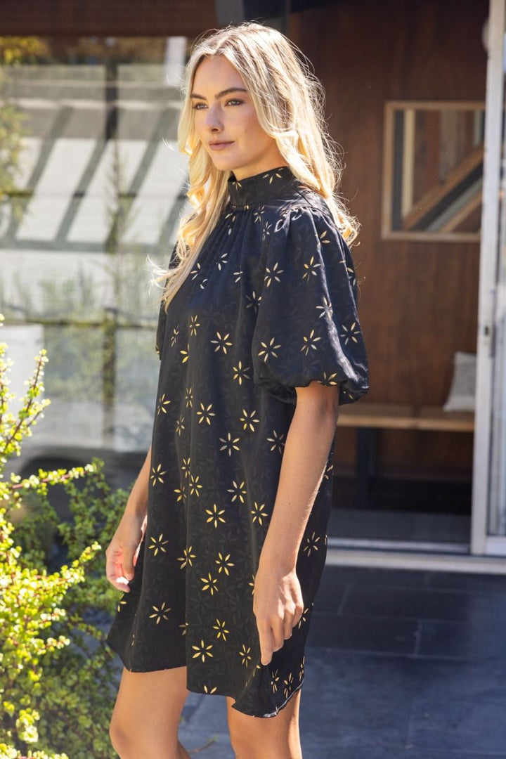 High Neck Metallic Floral Tie Back Dress - Lush Lemon - Women's Clothing - Voy - 66502621057149