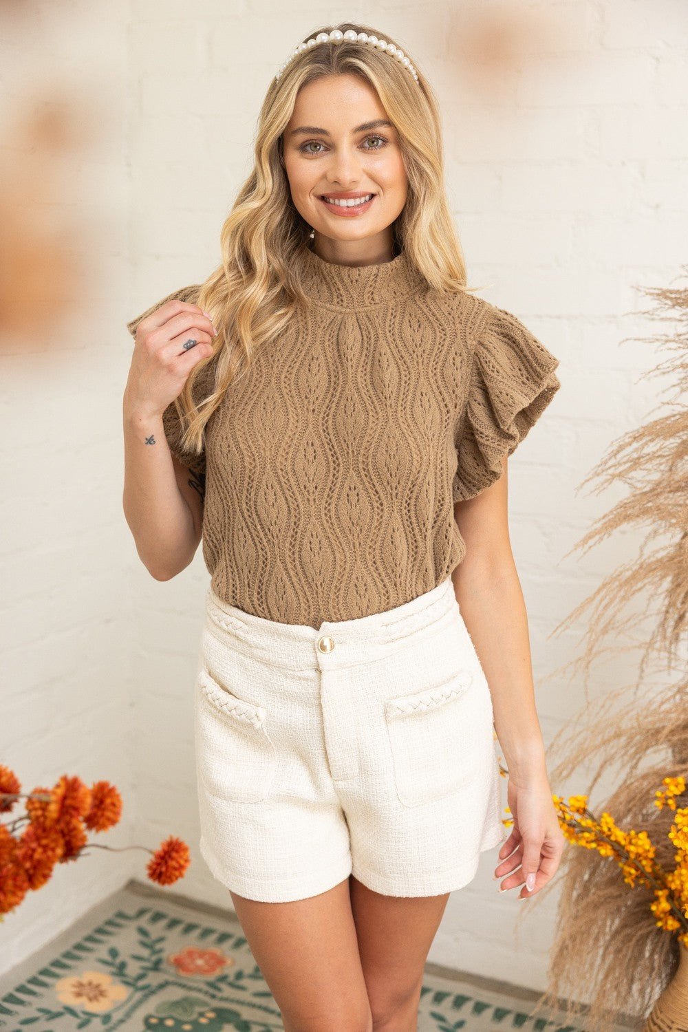 High Neck Ruffle Cap Sleeve Knit Top - Lush Lemon - Women's Clothing - Voy - 95567911040989