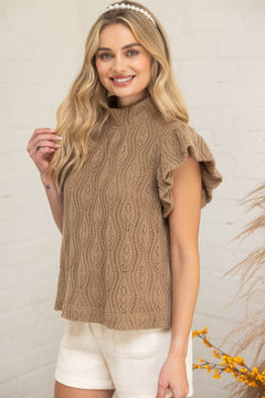 High Neck Ruffle Cap Sleeve Knit Top - Lush Lemon - Women&