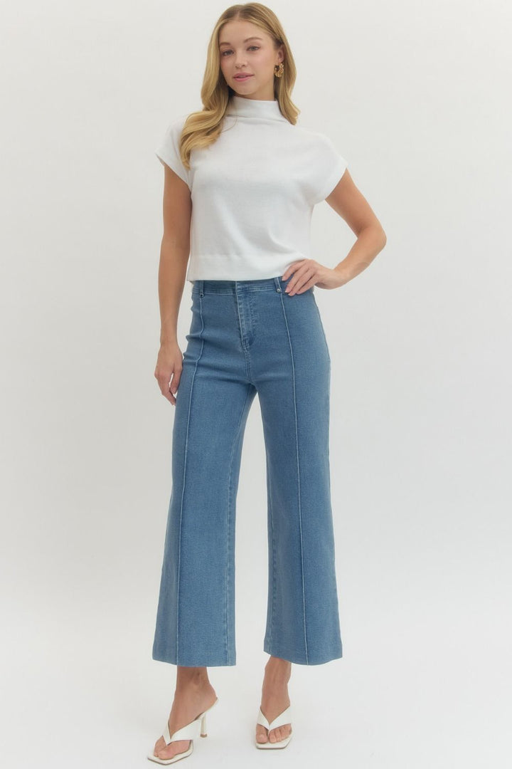 High Rise Seam Detail Wide Leg Pants - Lush Lemon - Women's Clothing - Entro - 25044911023325