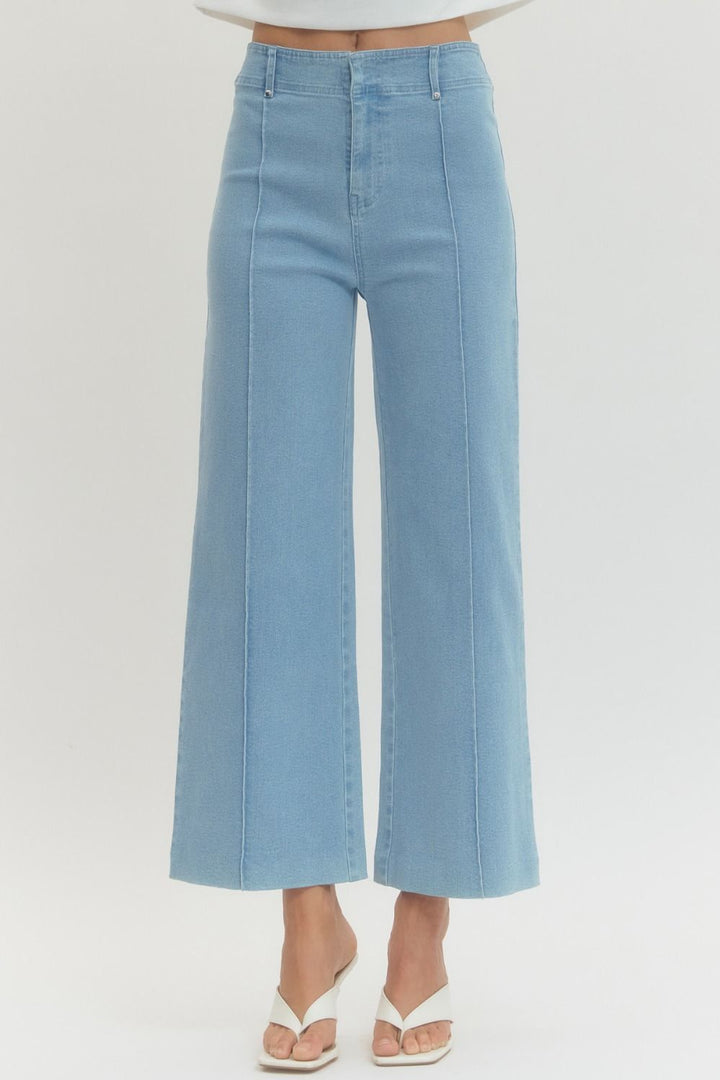High Rise Seam Detail Wide Leg Pants - Lush Lemon - Women's Clothing - Entro - 29297561389213