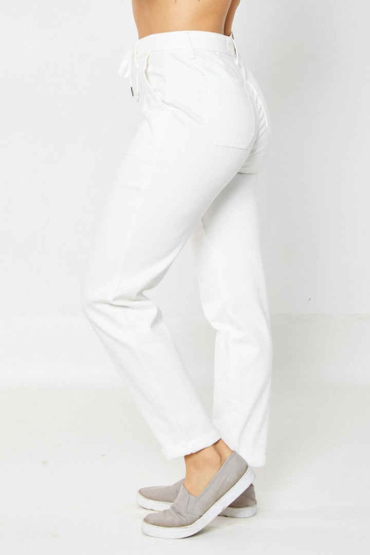 High Waist White Cuffed Jogger - Lush Lemon - Women's Clothing - Judy Blue - 56722413443997