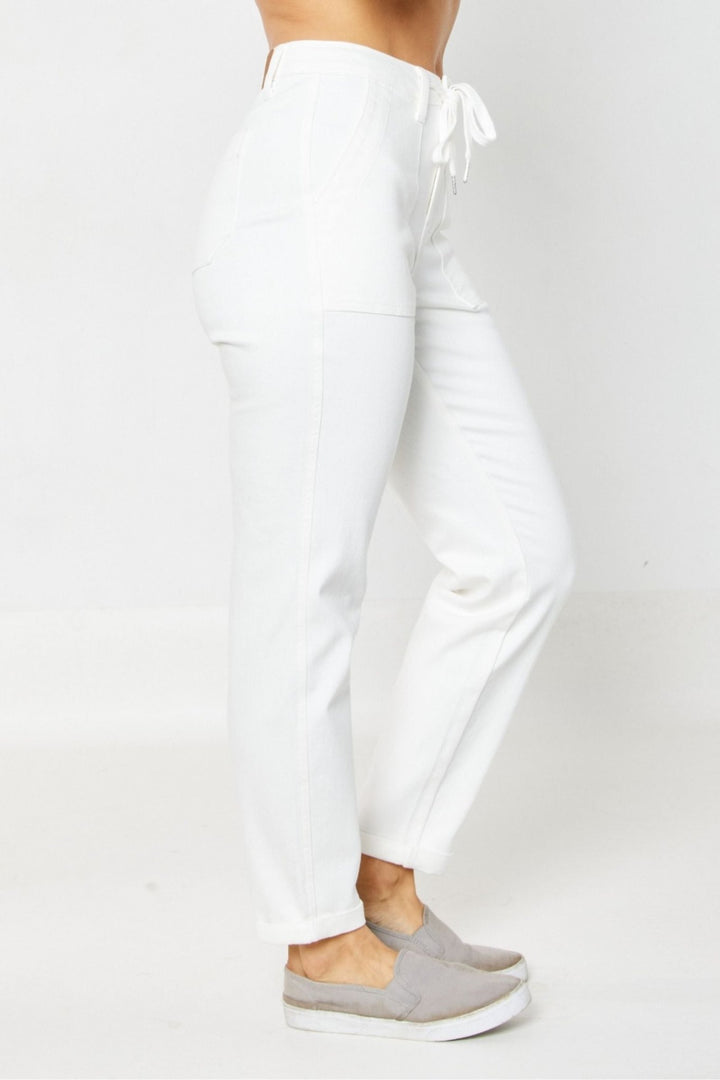 High Waist White Cuffed Jogger - Lush Lemon - Women's Clothing - Judy Blue - 56722413443997