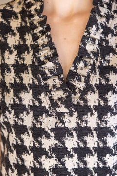 Houndstooth Velvet Shift Dress W/Ruffle Neck - Lush Lemon - Women&