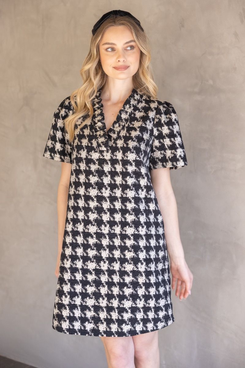 Houndstooth Velvet Shift Dress W/Ruffle Neck - Lush Lemon - Women's Clothing - Voy - 35291271086077