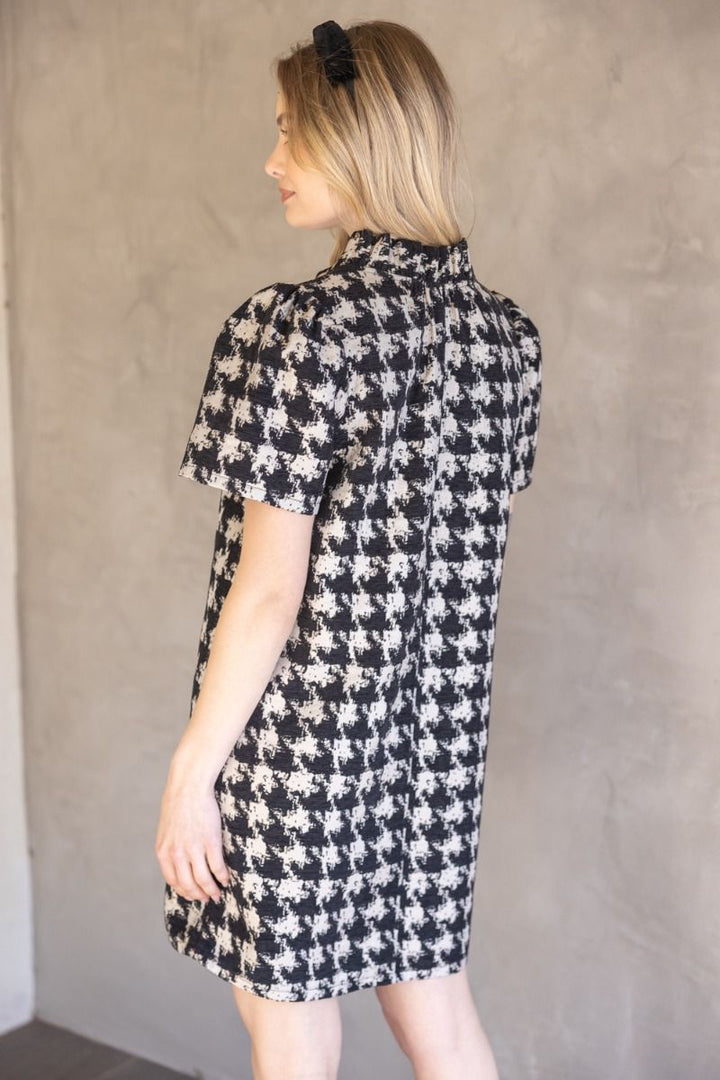 Houndstooth Velvet Shift Dress W/Ruffle Neck - Lush Lemon - Women's Clothing - Voy - 35291271086077