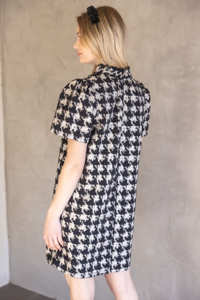Houndstooth Velvet Shift Dress W/Ruffle Neck - Voy Houndstooth Velvet Shift Dress W/Ruffle Neck - Voy