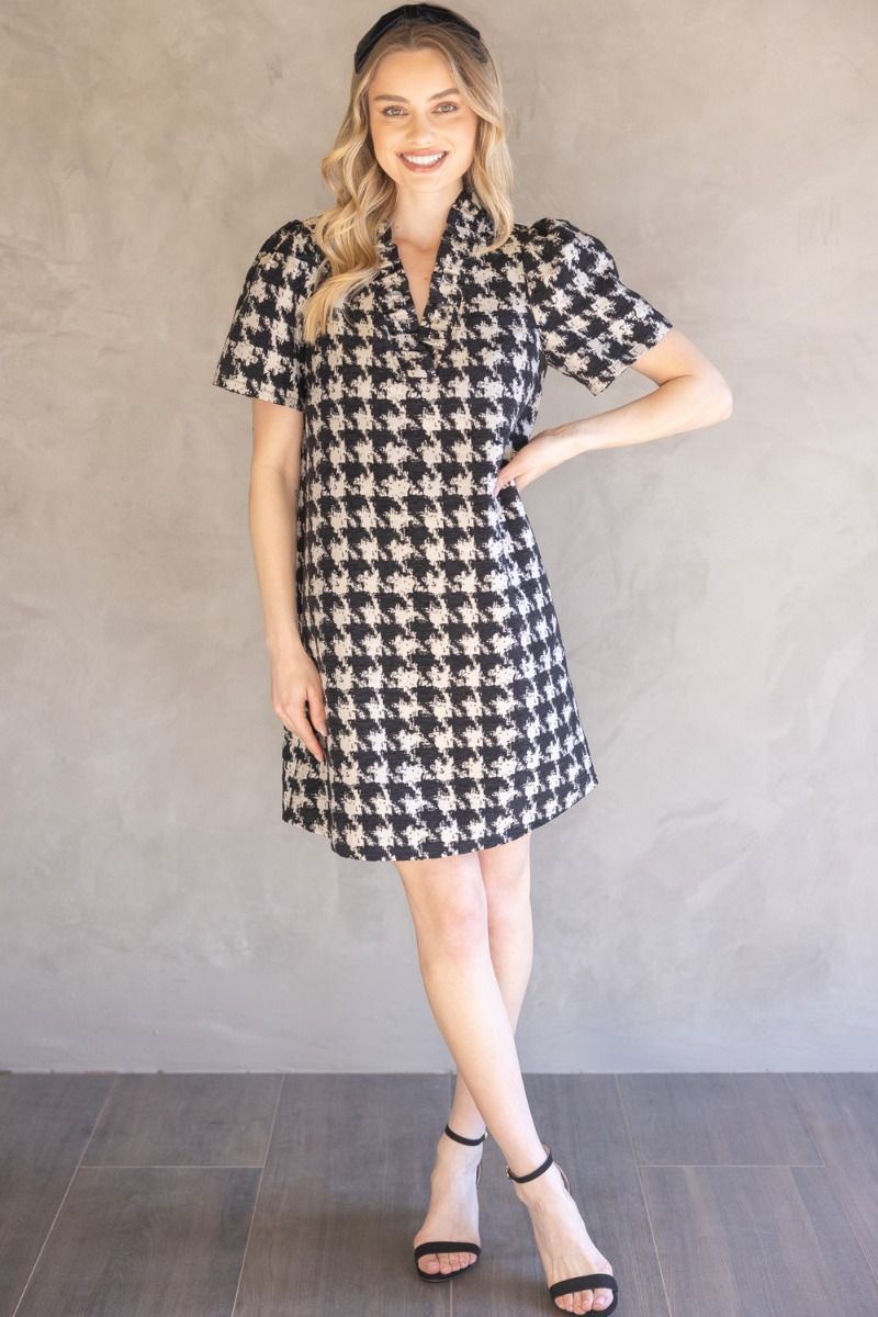Houndstooth Velvet Shift Dress W/Ruffle Neck - Voy Houndstooth Velvet Shift Dress W/Ruffle Neck - Voy