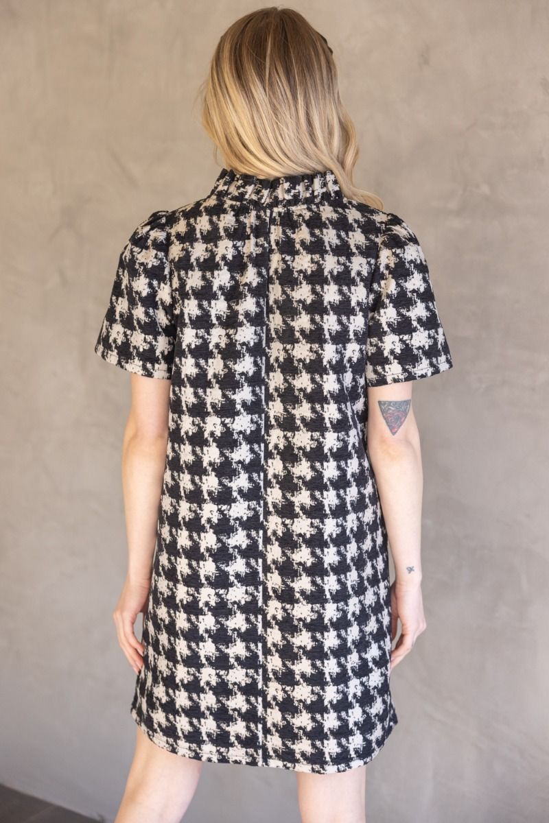 Houndstooth Velvet Shift Dress W/Ruffle Neck - Lush Lemon - Women's Clothing - Voy - 35291271086077