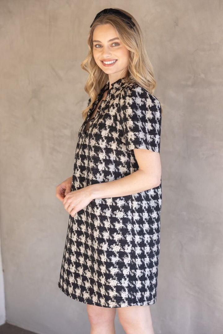Houndstooth Velvet Shift Dress W/Ruffle Neck - Lush Lemon - Women's Clothing - Voy - 35291271086077