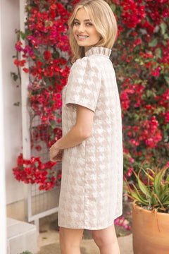 Houndstooth Velvet Shift Dress W/Ruffle Neck - Lush Lemon - Women&